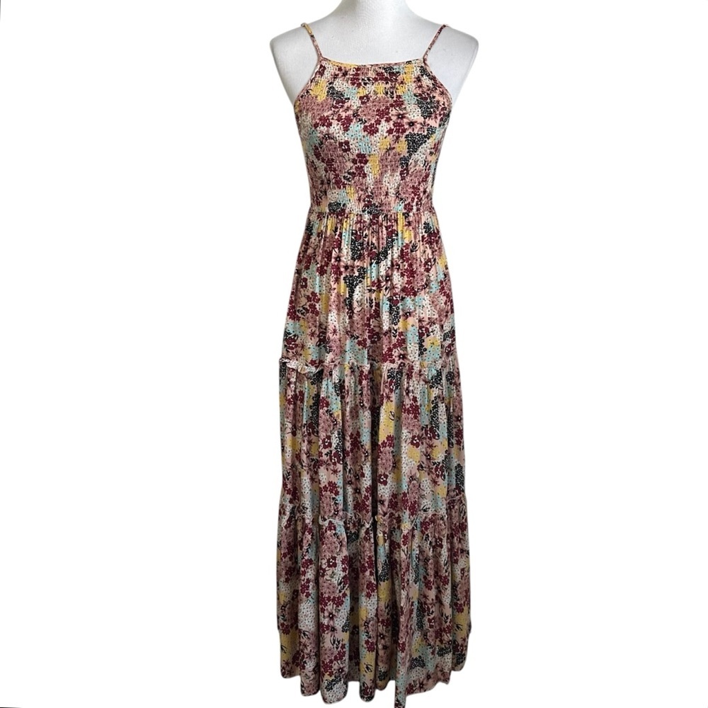 Abel The Label Womens Floral Smocked Tiered Maxi Dress Sz Small Multicolor